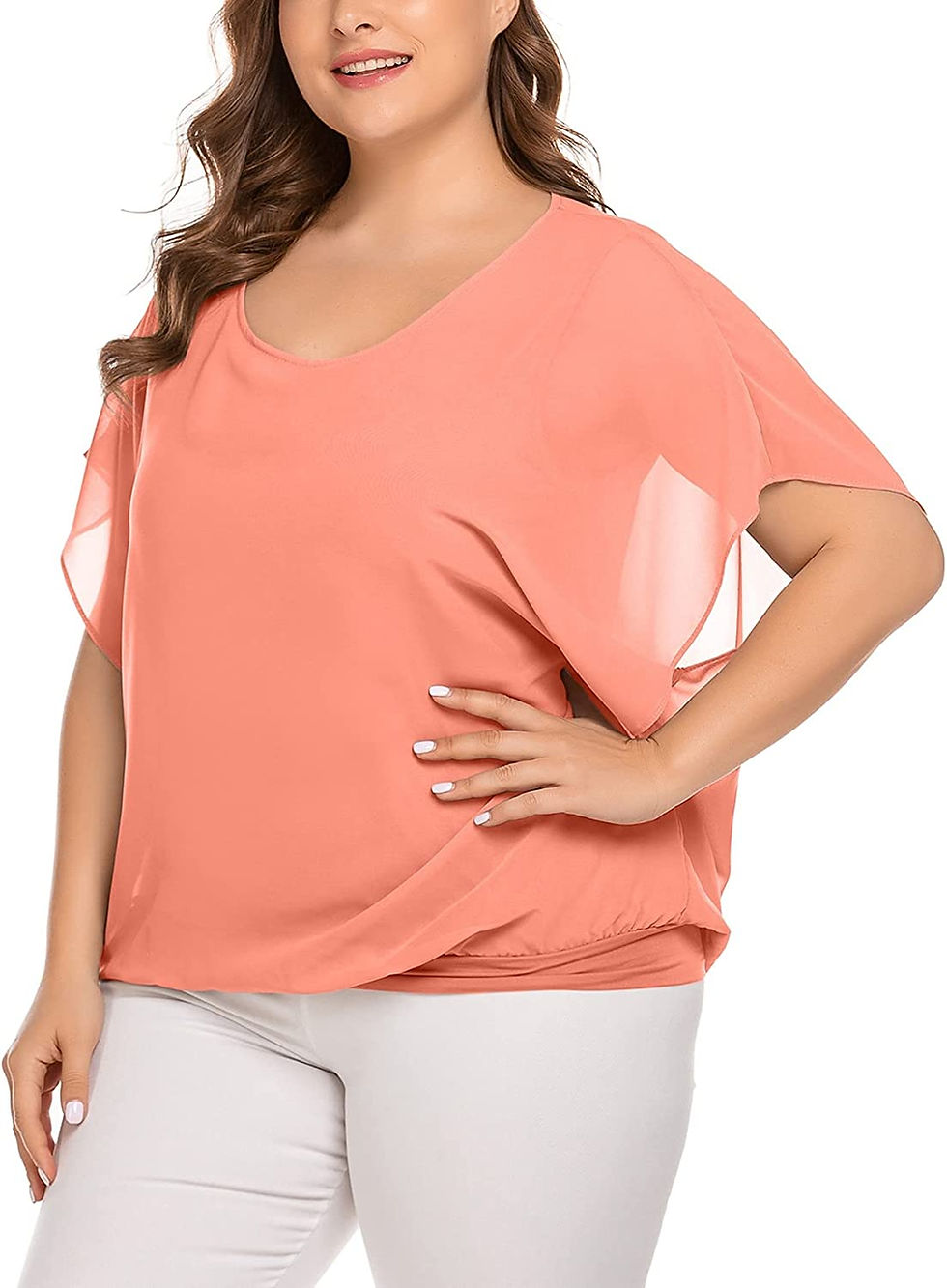 Thumbnail: IN'VOLAND Plus Size Women Chiffon Blouse Batwing Sleeve Tops Scoop Neck Tunic S
