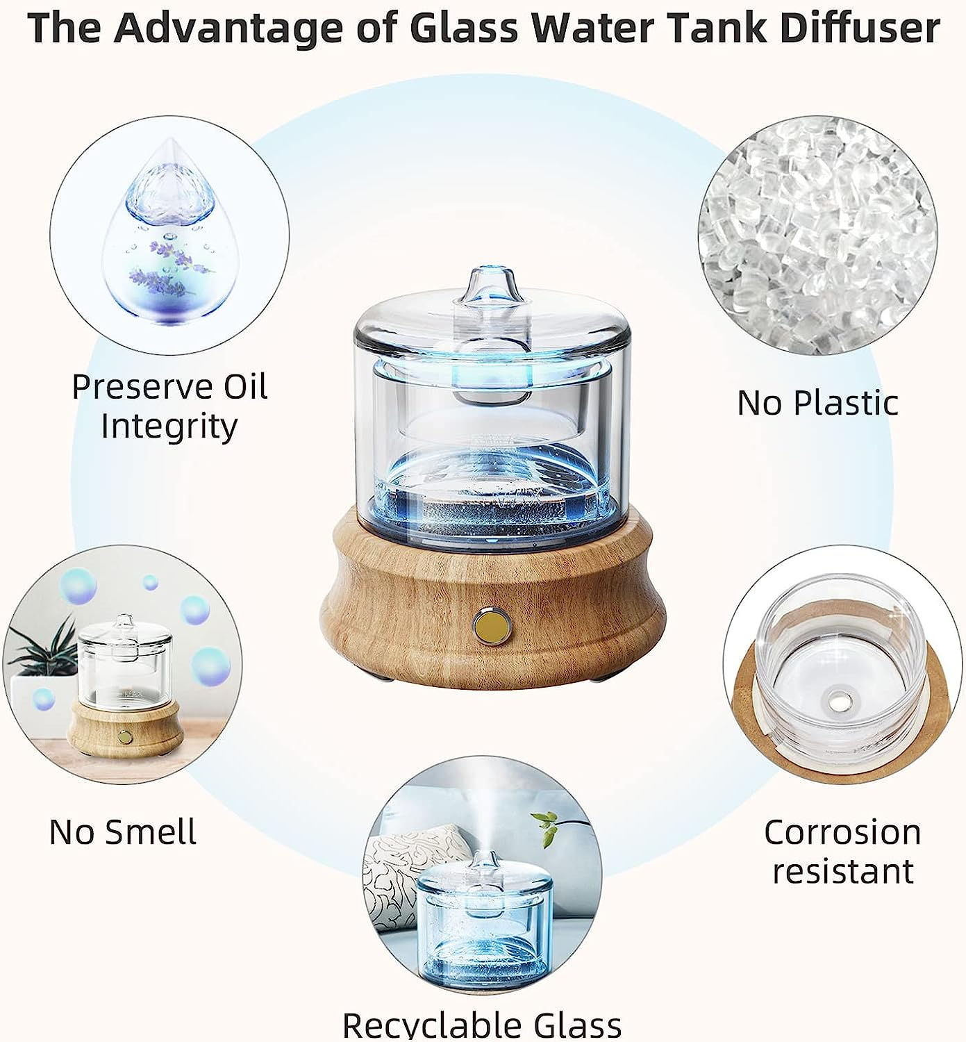 Glass Essential Oil Diffuser Humidifier, [Plastic Free] Glass Reservoir Natural