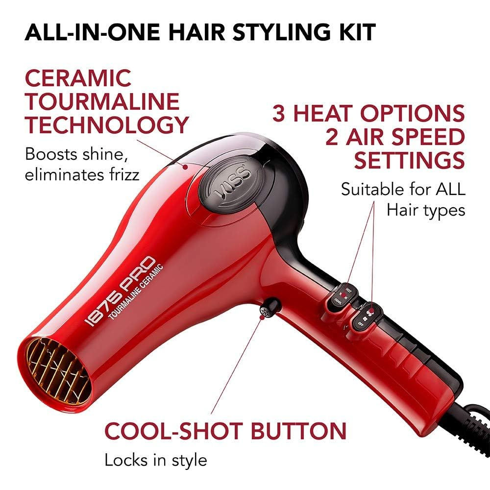 KISS 1875 Watt Pro Tourmaline Ceramic Hair Dryer, 3 Heat Settings, 2 Speed Slid