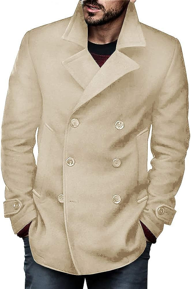 Thumbnail: Bbalizko Mens Classic Pea Coat Notched Collar Slim Fit Double Breasted Winter W
