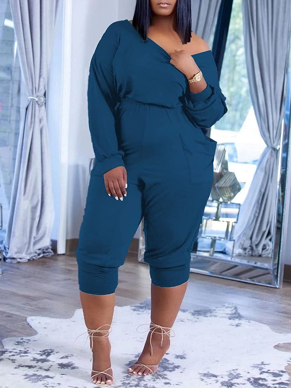 Thumbnail: Womens Sexy One Off Shoulder Loose Jumpsuit Elegant Long Sleeve Plus Size Rompe