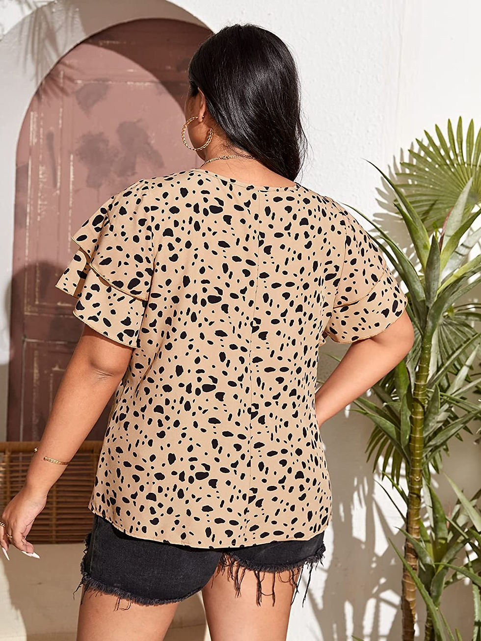 Thumbnail: OYOANGLE Women's Plus Size Casual Printed Short Ruffle Sleeve Round Neck Blouse