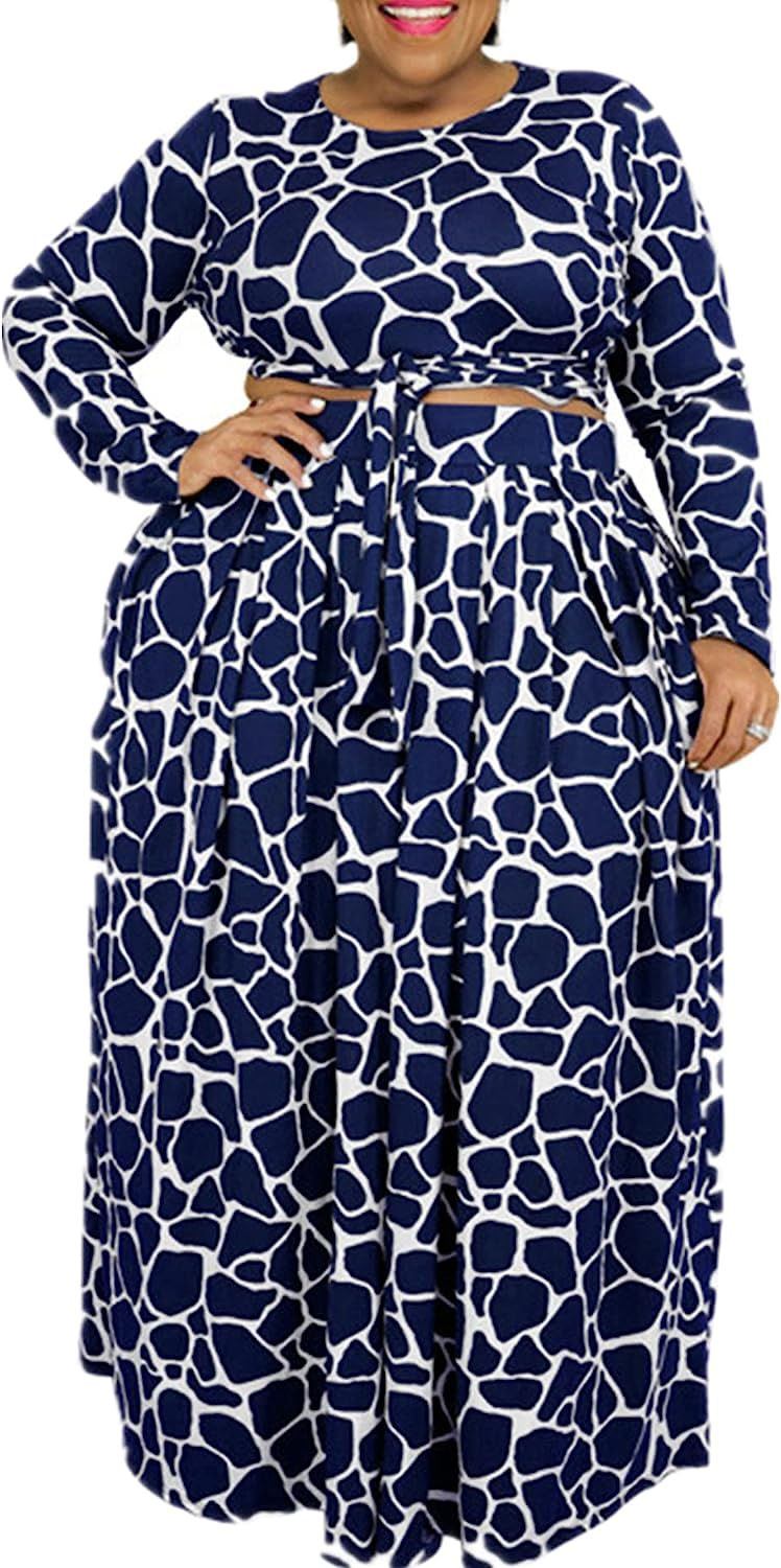 Thumbnail: Solid Plus Size Maxi Skirt Sets Women 2 Piece Outfits Sexy Clubwear Long Sleeve
