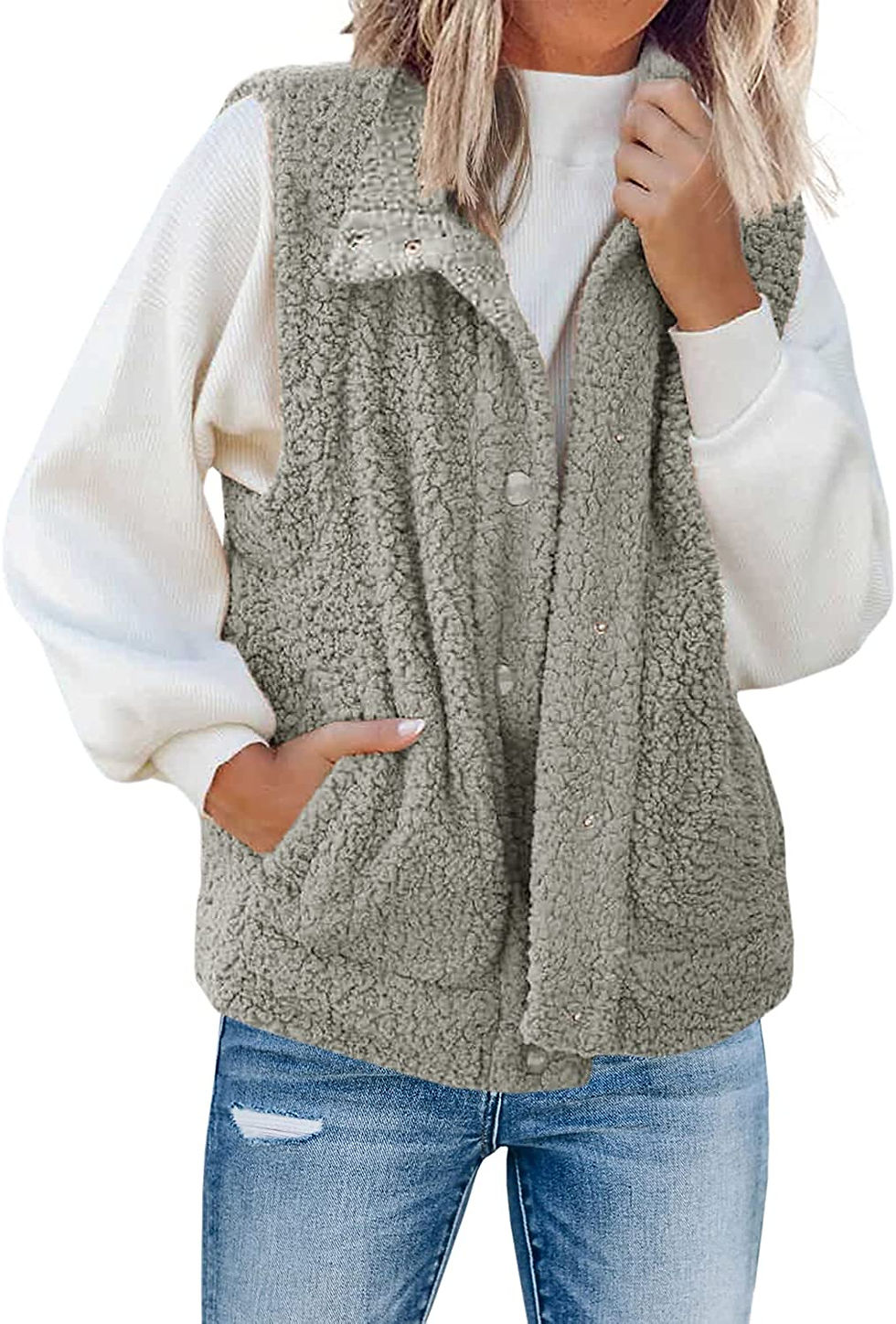 Thumbnail: ReachMe Womens Sleeveless Fleece Vest with Pockets Fuzzy Sherpa Vest Fluffy Zip