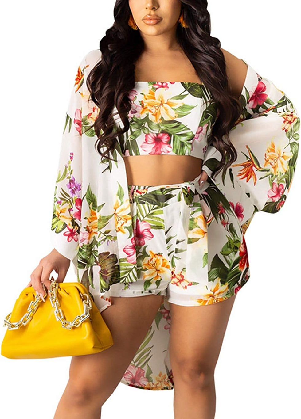 Thumbnail: Womens Hawaiian Outfits 3 Piece Swimsuit Summer Beach Cover Ups Floral Kimono C