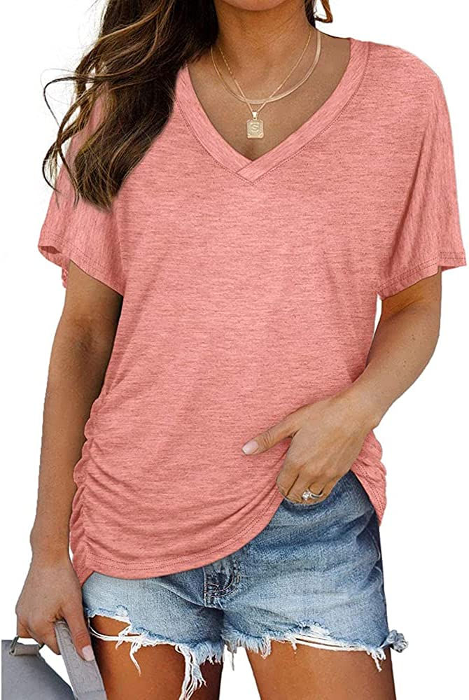 Thumbnail: Ownow Women's Short Sleeve V Neck Pleated T Shirts Summer Loose Fit Basic Tunic