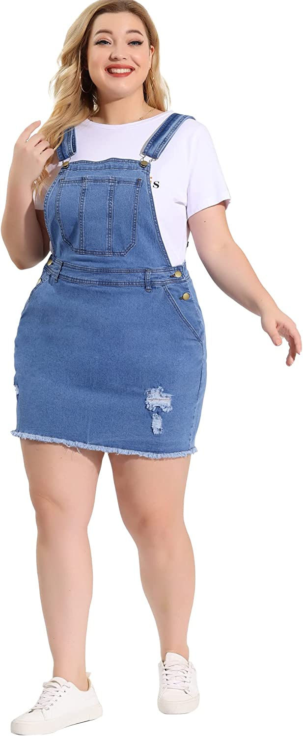 Thumbnail: Agnes Orinda Plus Size Overall Dresses for Women Ripped Pocket Jean Denim Suspe
