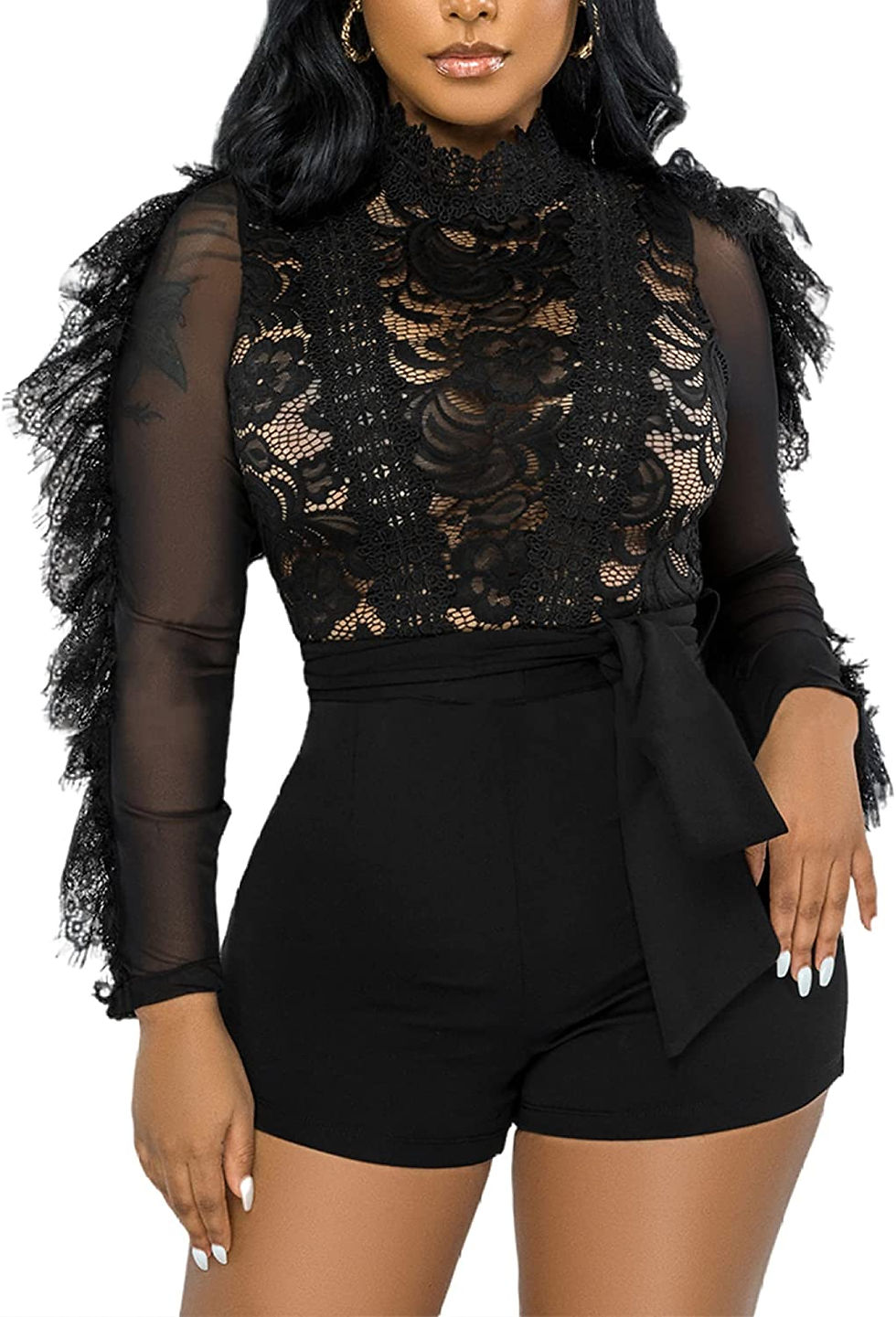 Thumbnail: MKQW Sexy Lace Jumpsuit for Women Bodycon Long Sleeve Ruffle Mesh See Short Clu