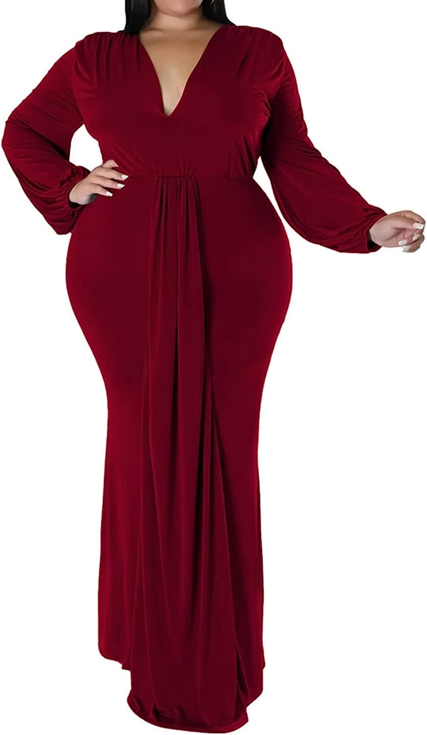Thumbnail: Women's Plus Size Elegant V Neck Latern Sleeve Bodycon Solid Ruched Evening Par