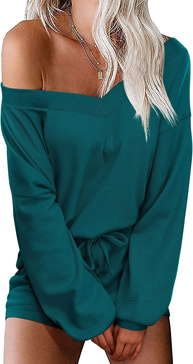 Thumbnail: Ekouaer Womens Pajama Set Waffle Knit Lounge Set V Neck Off Shoulder Sleepwear 