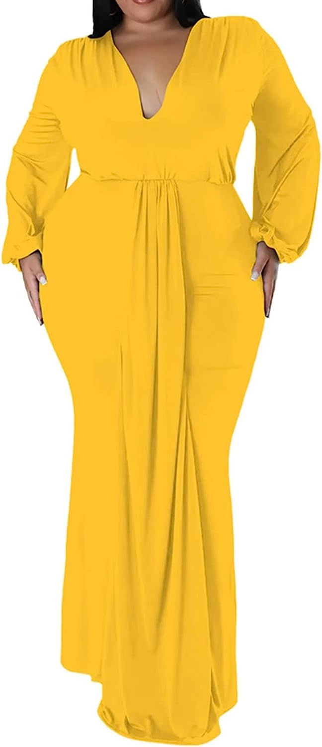 Thumbnail: Women's Plus Size Elegant V Neck Latern Sleeve Bodycon Solid Ruched Evening Par