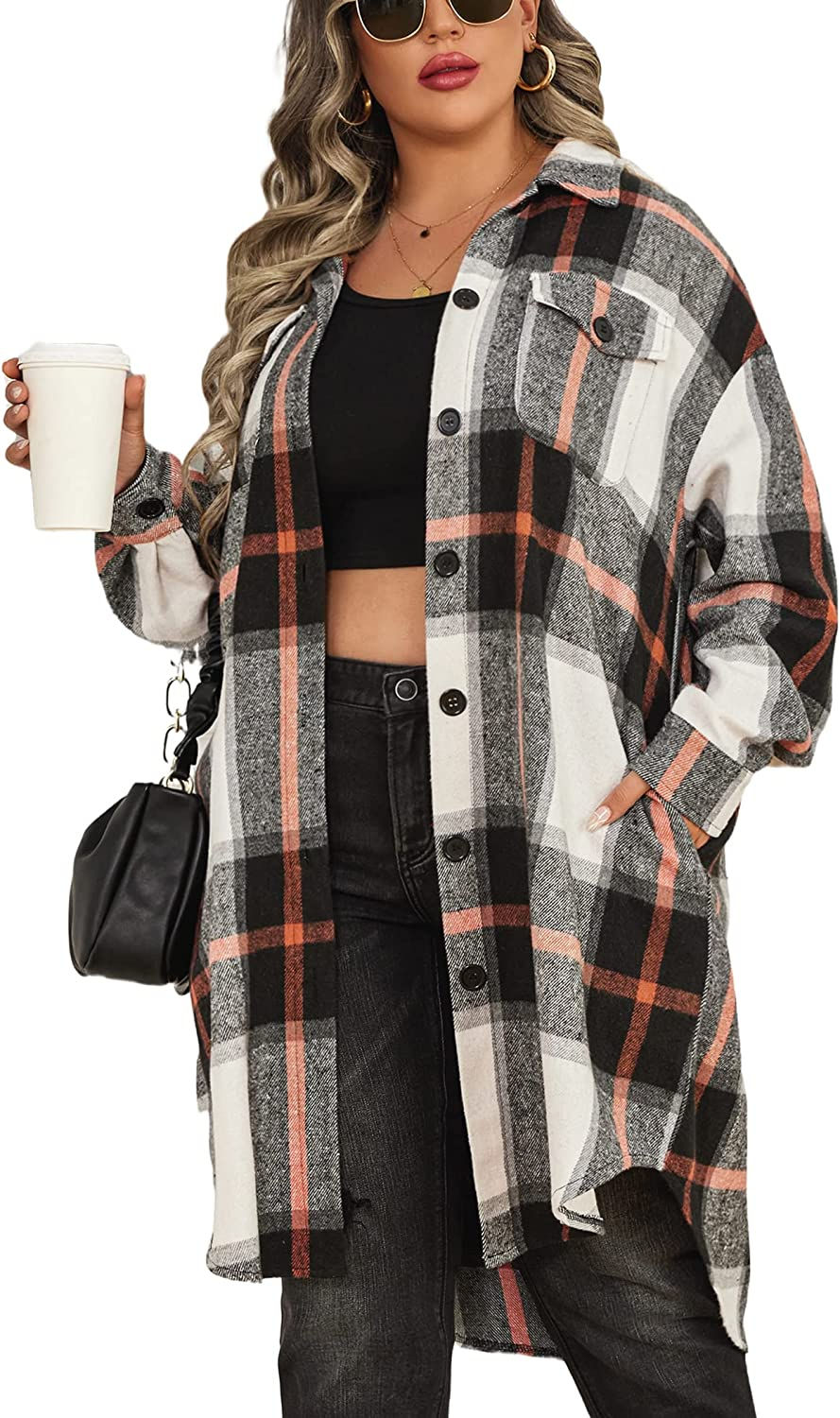 Thumbnail: IN'VOLAND Womens Plus Size Flannel Plaid Shirts Long Sleeve Lounge Lapel Boyfri