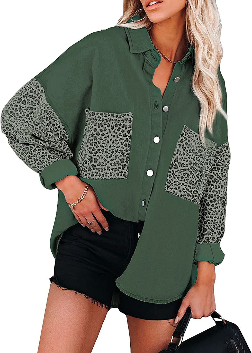 Thumbnail: Dokotoo Womens Contrast Leopard Denim Jacket Long Sleeve Button Down Shirts Boy