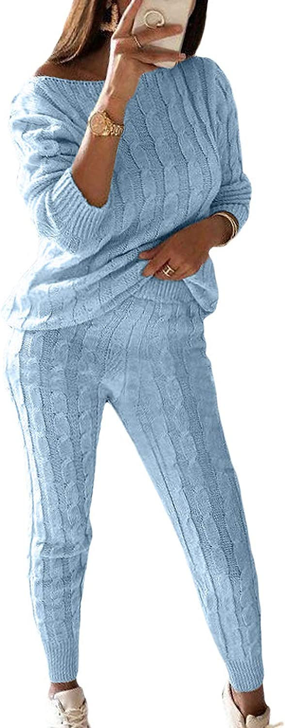 Thumbnail: Women's Fall Rib-Knit 2 Piece Outfits Sweater Set Crew Neck Pullover Top + Long