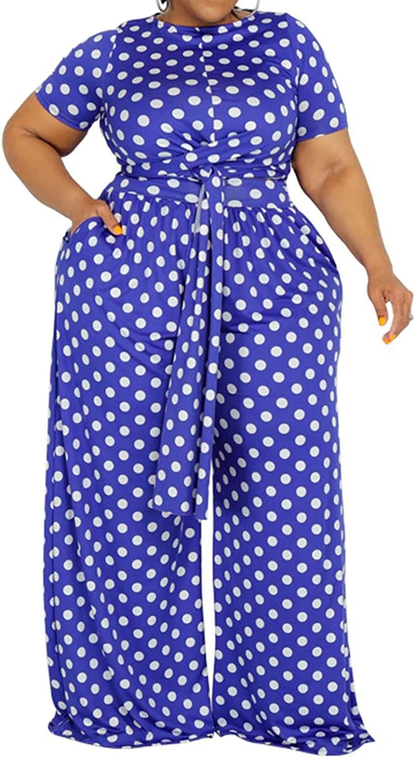 Thumbnail: Women's Plus Size 2 Piece Outfit Sexy Printed Belted Crop Top Wide Leg Pants Se