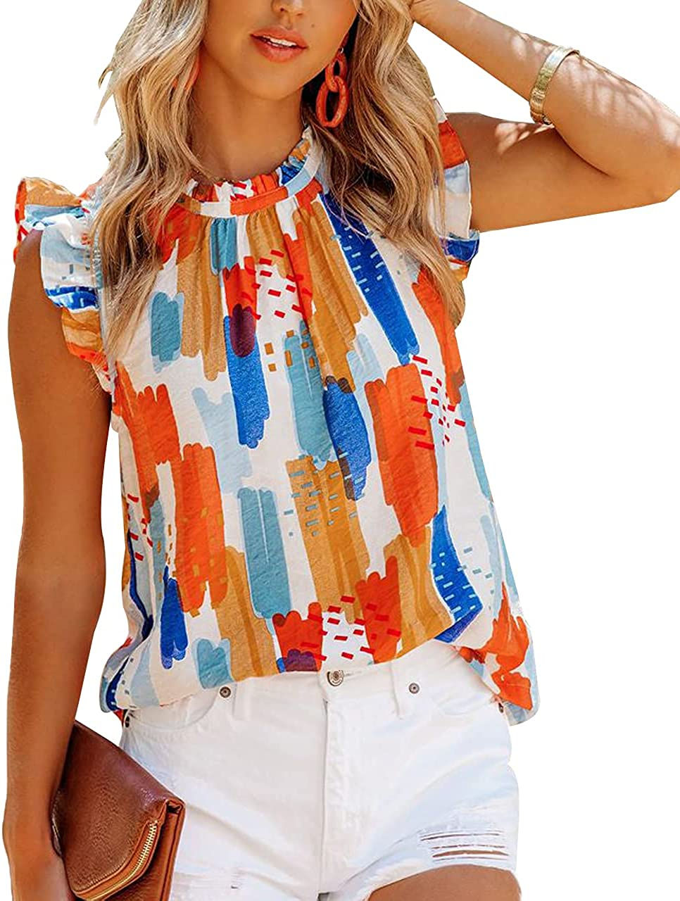 Thumbnail: Allimy Women Summer Ruffle Trim Neckline Tank Tops Double Lined Chiifon Blouses