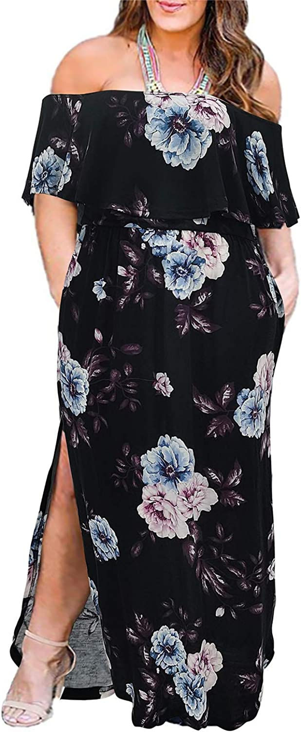 Thumbnail: Nemidor Women's Upper Flounce Layer Off Shoulder Plus Size Slit Maxi Dress NEM2