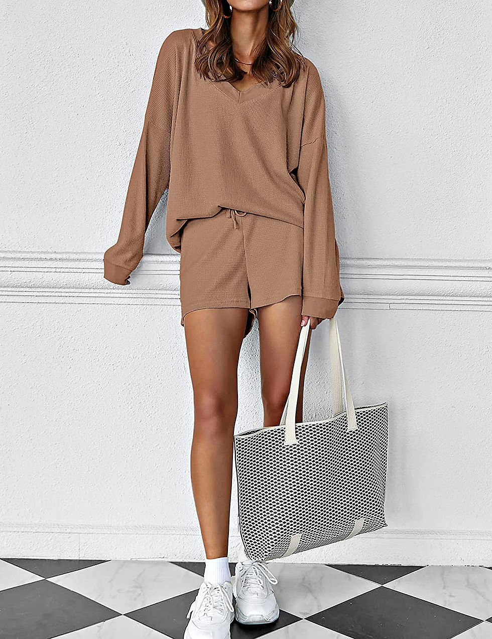 Thumbnail: Ekouaer Womens Pajama Set Waffle Knit Lounge Set V Neck Off Shoulder Sleepwear 