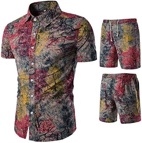 Thumbnail: PASOK Men's Floral 2 Piece Tracksuit Casual Button Down Short Sleeve Hawaiian S