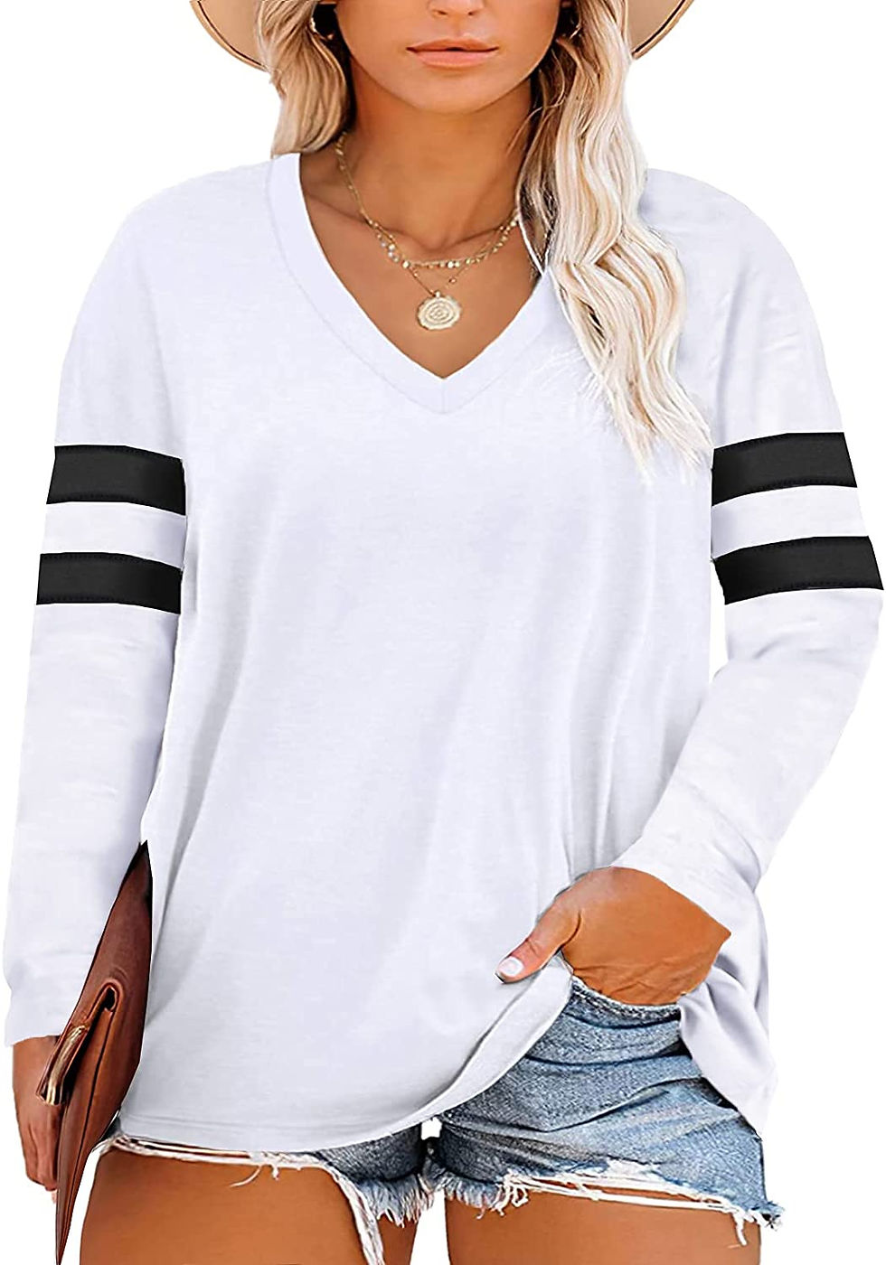 Thumbnail: Happy Sailed Womens Plus Size Casual V Neck Long Sleeve Shirts Striped Loose Tu
