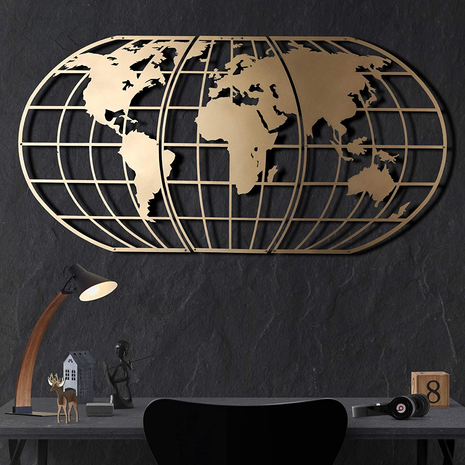 Tubibu Modern Wall Art, 100% Metal - Metalic WORLD MAP GLOBE , Size (23.6" x 47