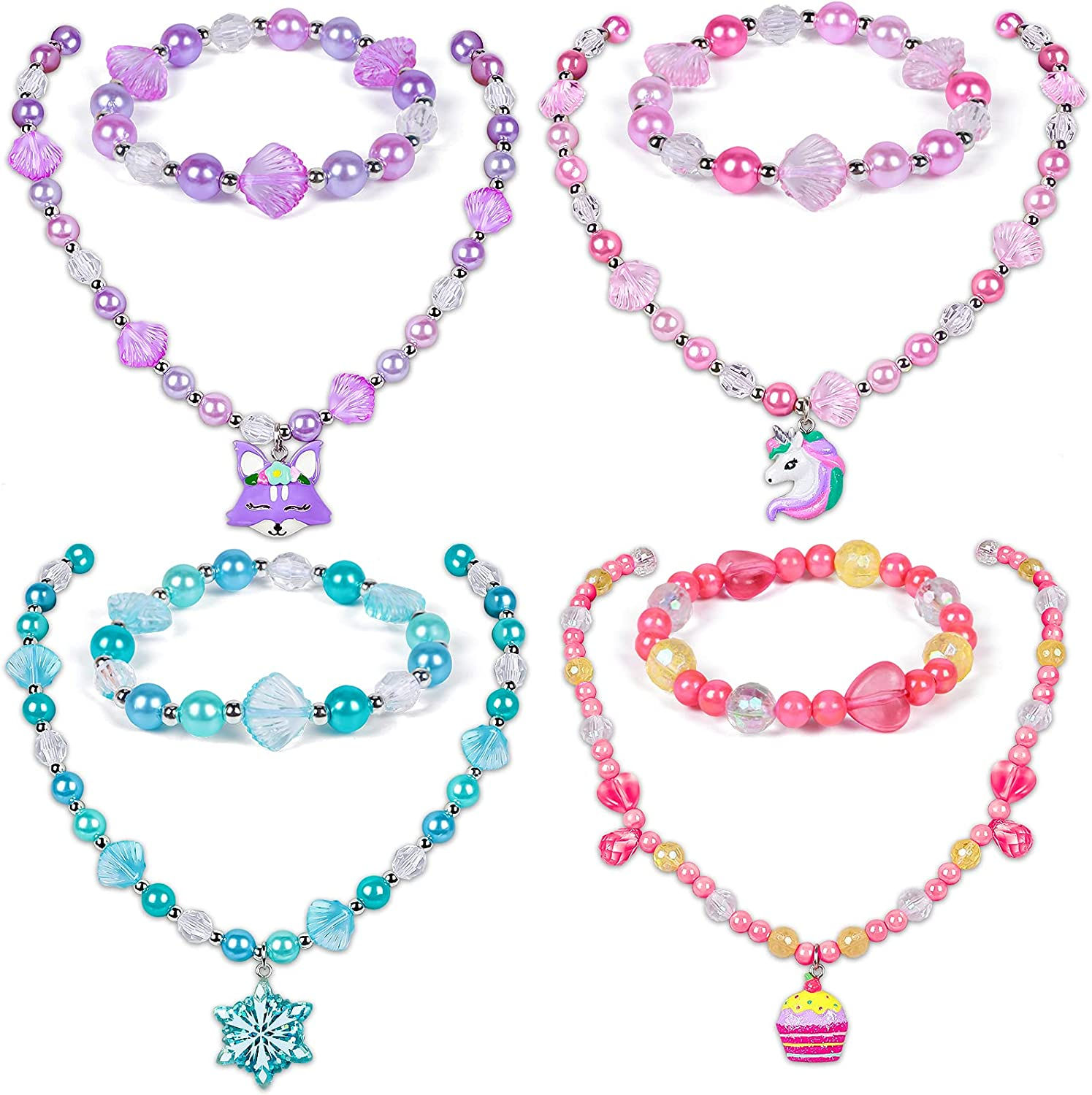 Winrayk 4 Sets Princess Necklace Bracelet Set Girls Jewelry with Fox Unicorn Sn
