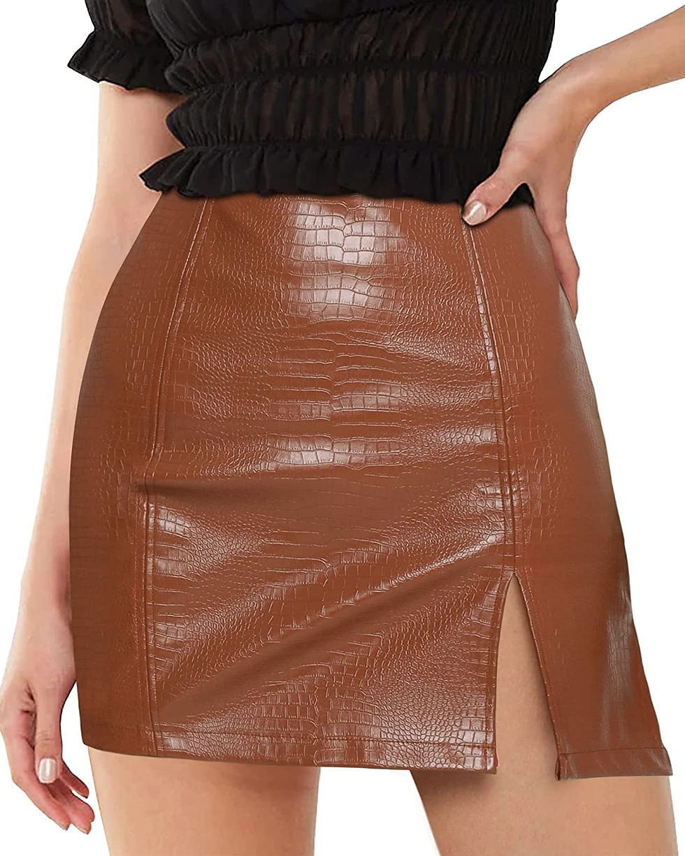 Thumbnail: MANGOPOP Women Sexy High Waist Bodycon Mini Short Faux Leather Skirt with Slit