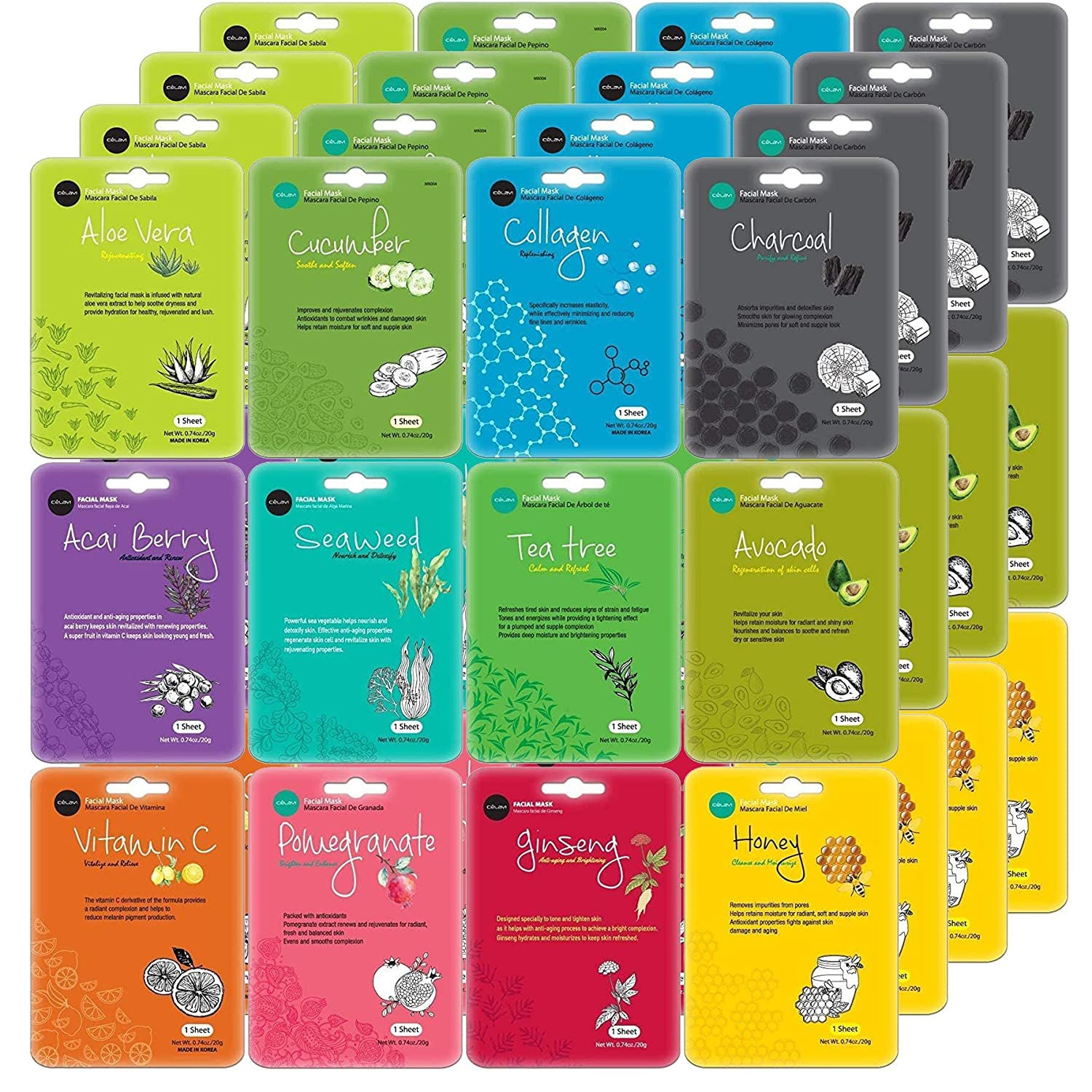 Celavi Essence Facial Sheet Face Mask Variety Set Classic Authentic Korean Mois