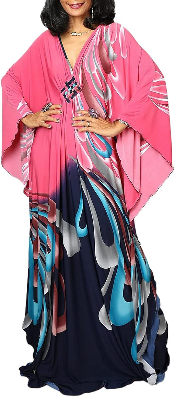 Thumbnail: Bsubseach Women Ethnic Print Kaftan Beach Dress Plus Size Swimsuit Cover Up