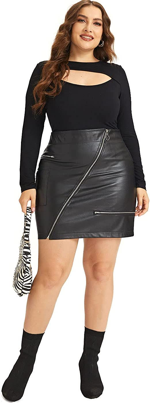 Thumbnail: PYL Women’s Plus Size Zipper PU Faux Leather Skirt Short High Waist Mini Body
