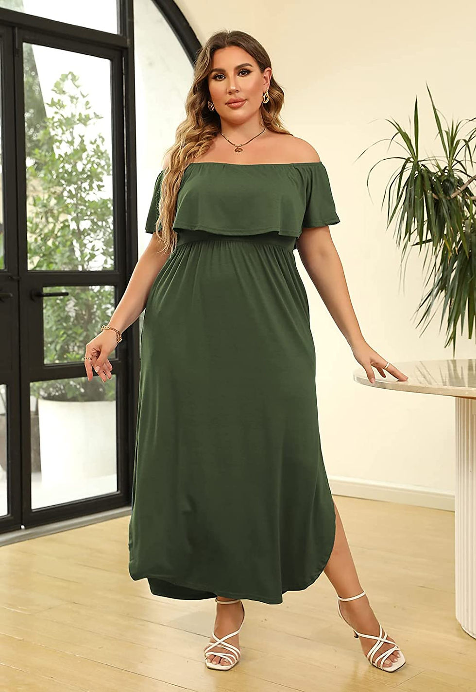 Thumbnail: Nemidor Women's Upper Flounce Layer Off Shoulder Plus Size Slit Maxi Dress NEM2