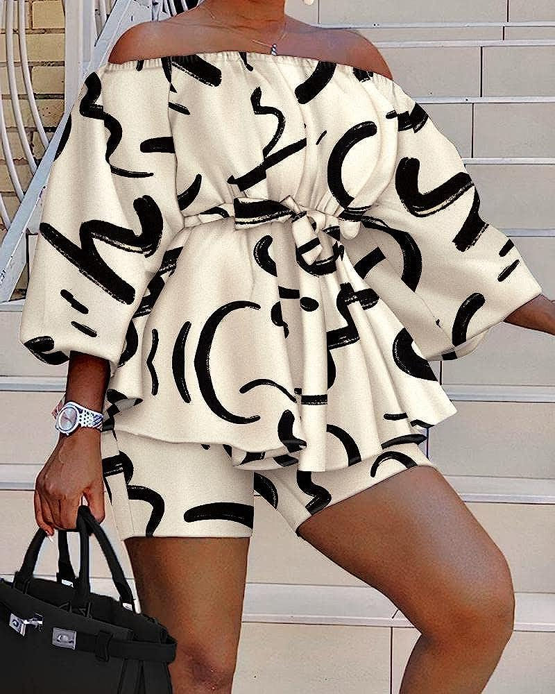 Thumbnail: tgojswa 2 Piece Shorts Set for Women Summer Off Shoulder Top Boho Floral Print 