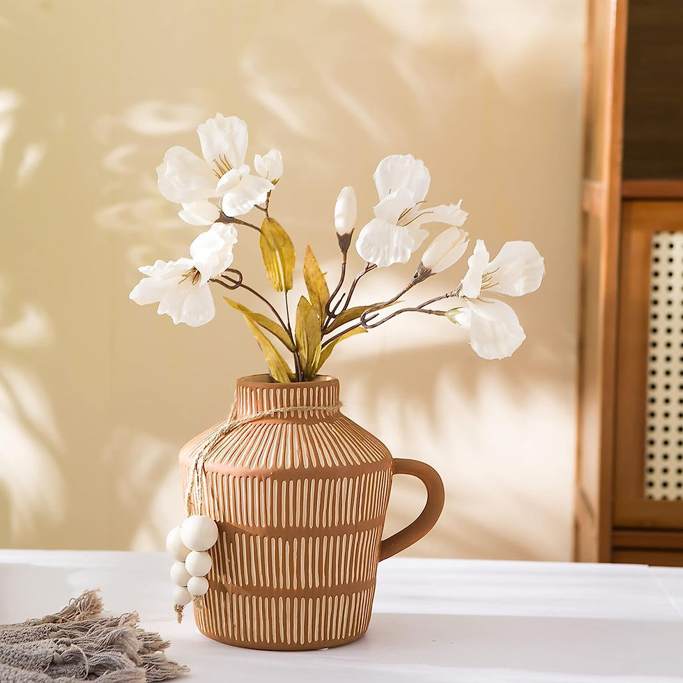 Thumbnail: Mowtanco Rustic Farmhouse Vase with Handle and Boho Wooden Beads, Vertical Stri