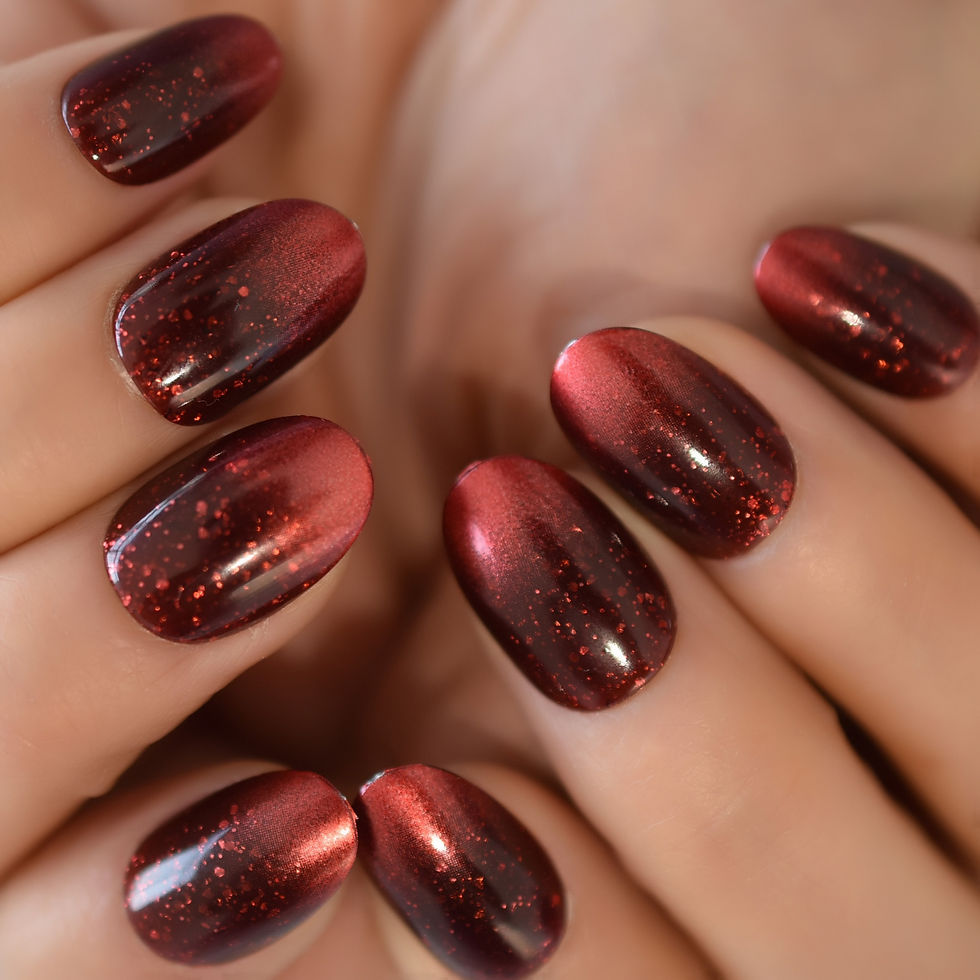 Thumbnail: Retro Dark Red  Medium Length Oval Press on Nail Tips Glitter Galaxy Adhesive