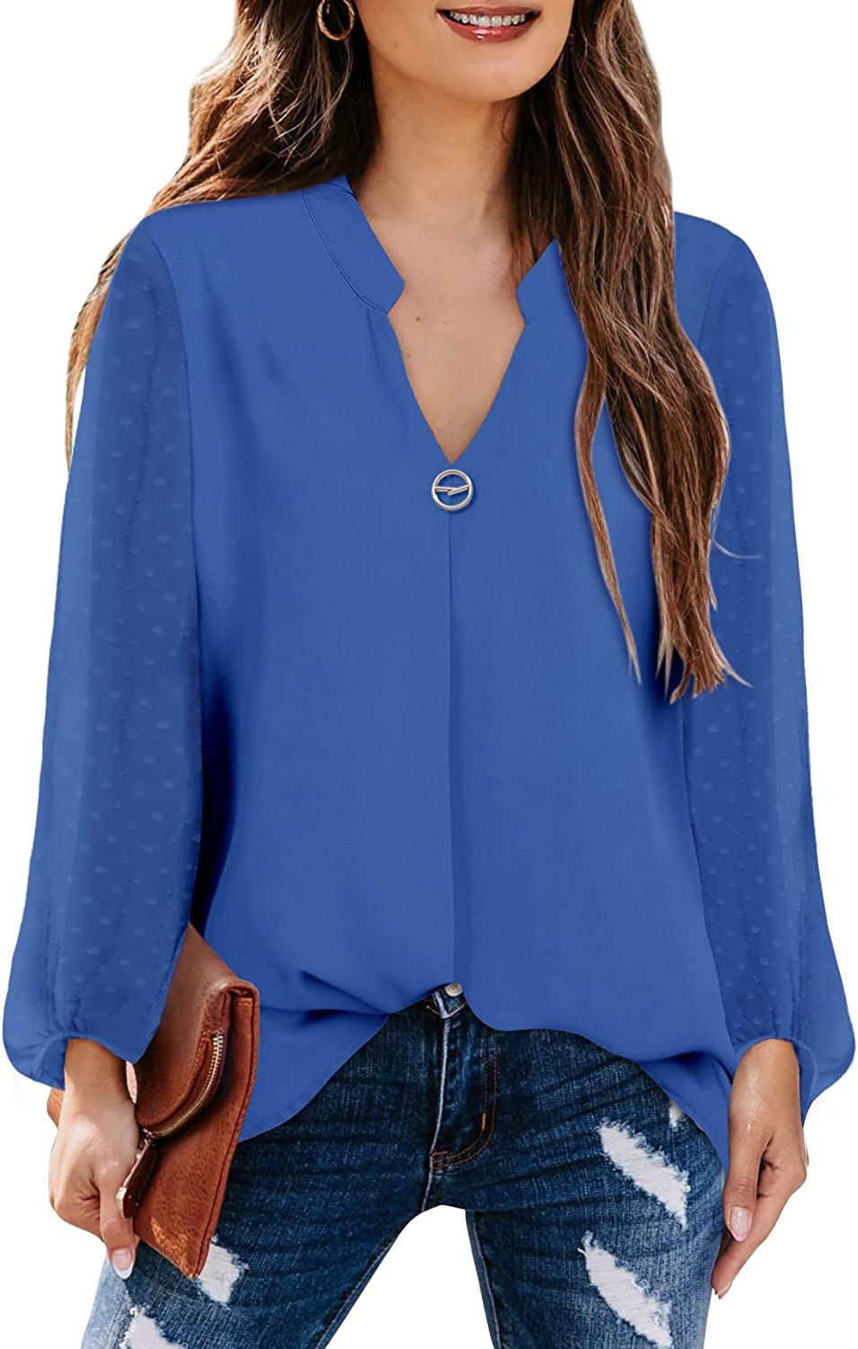 Thumbnail: BETTE BOUTIK Women's V Neck Chiffon Blouses Jacquard Lantern Sleeve Button Down