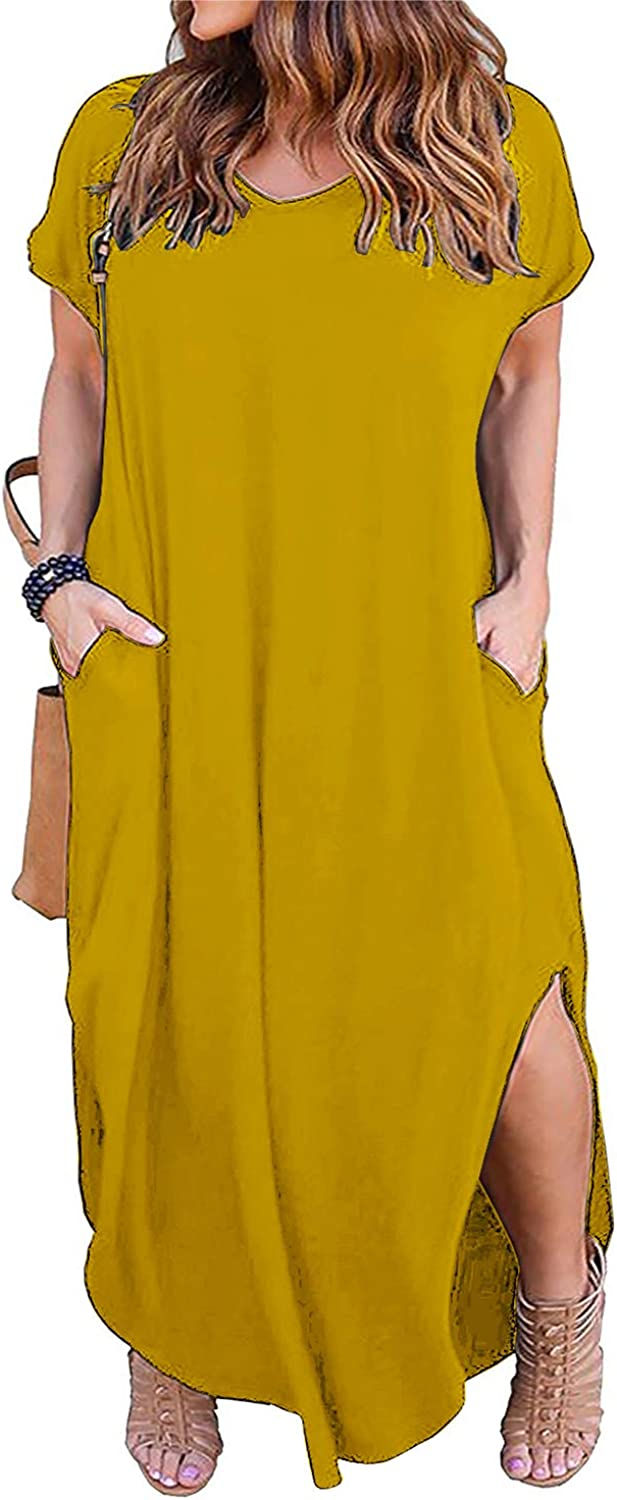 Thumbnail: Nemidor Women's Casual Loose Pocket Long Dress Short Sleeve Plus Size Slit Maxi