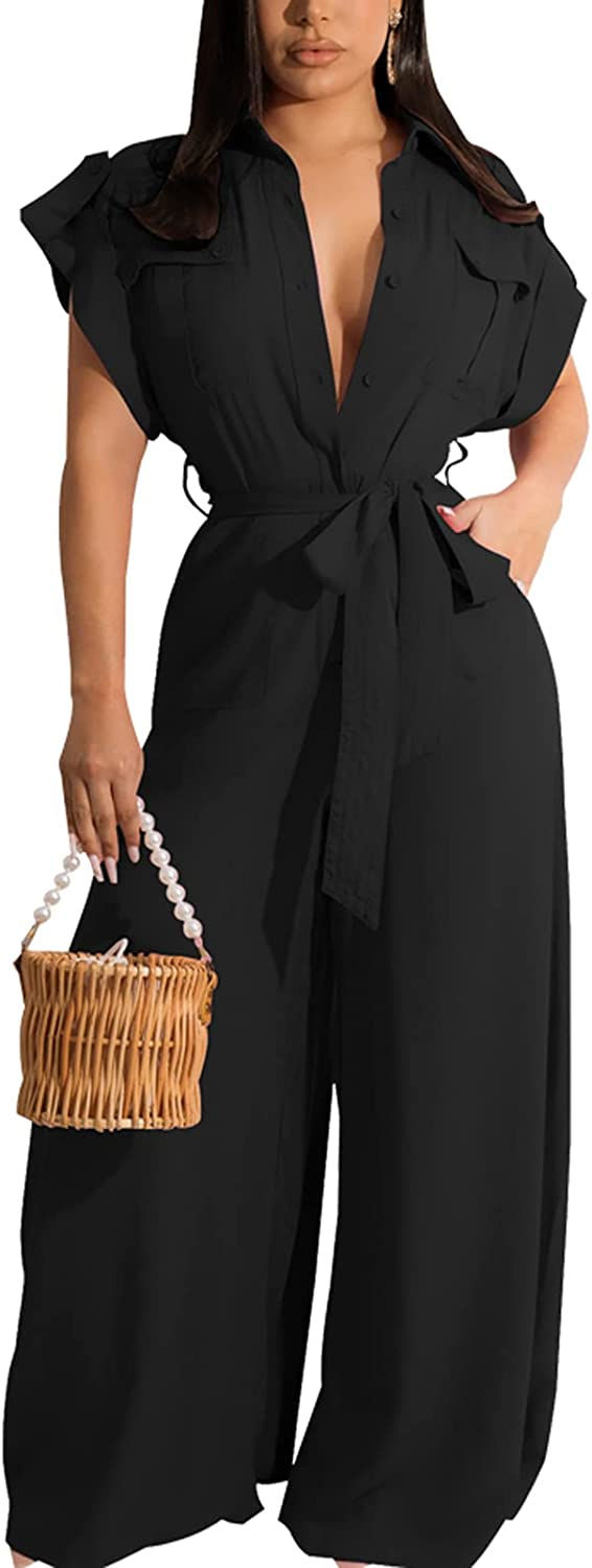 Thumbnail: Womens Long Sleeve Round Neck Jumpsuit for Work Wide Leg Pants Rompers