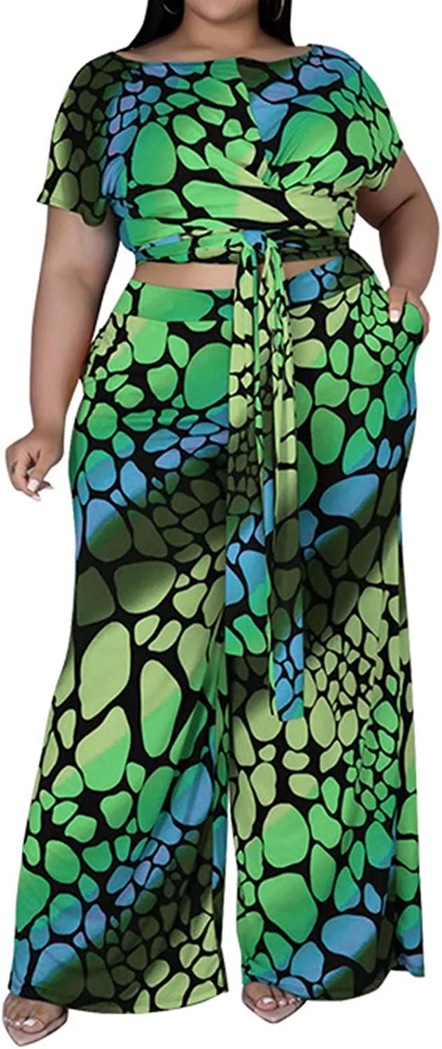 Thumbnail: Women's Plus Size 2 Piece Outfit Sexy Printed Belted Crop Top Wide Leg Pants Se