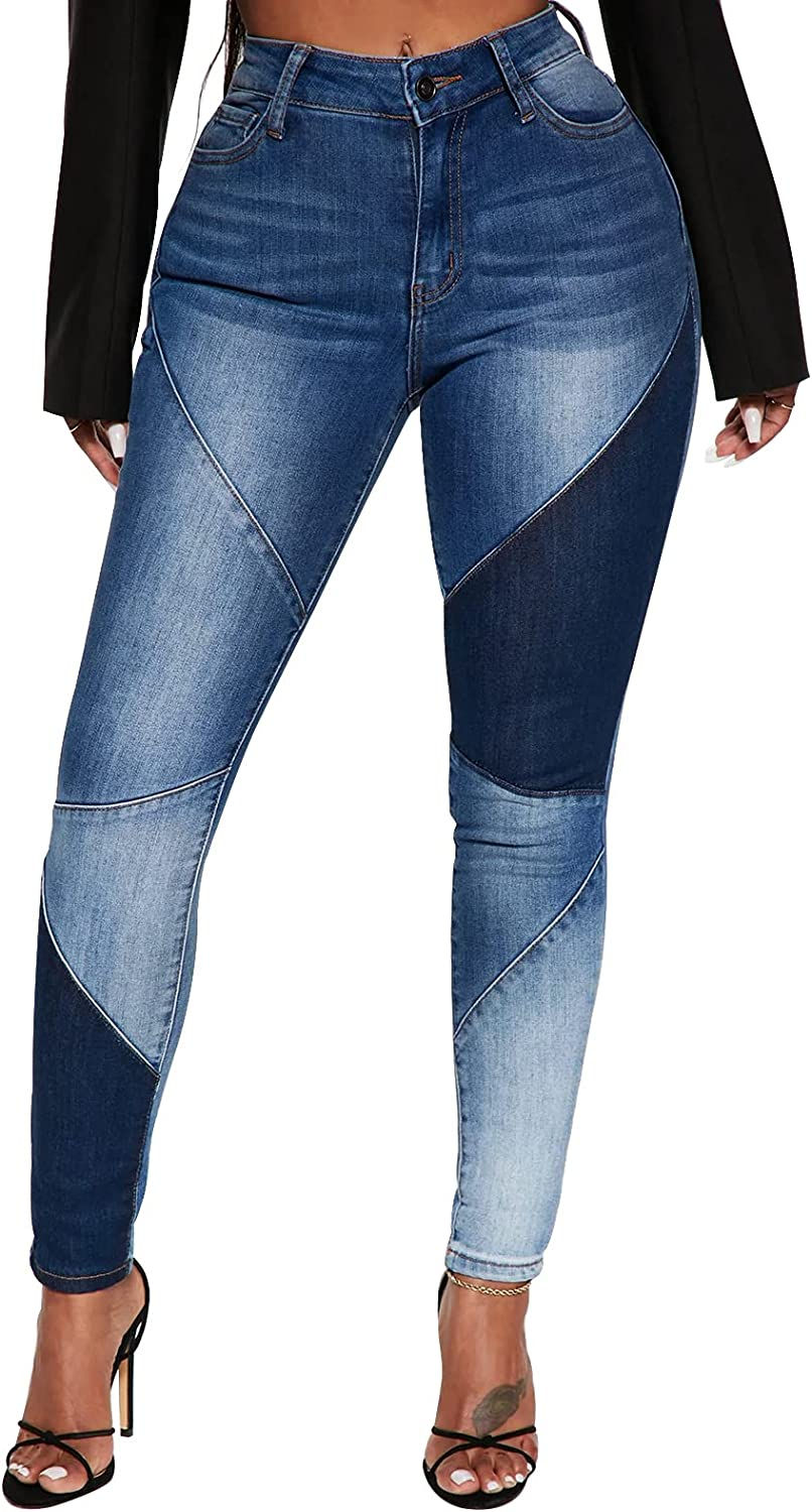 Thumbnail: KUNMI Women's High Waisted Patchwork Skinny Jeans Stretchy Denim Pants