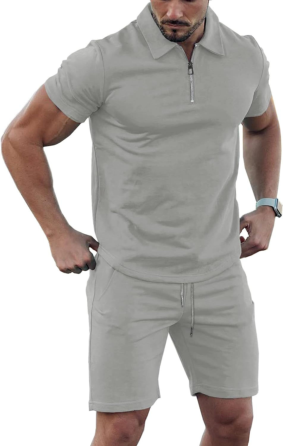 Thumbnail: URRU Mens Short Sleeve Casual Polo Shirt and Shorts Sets Two Piece Summer Outfi