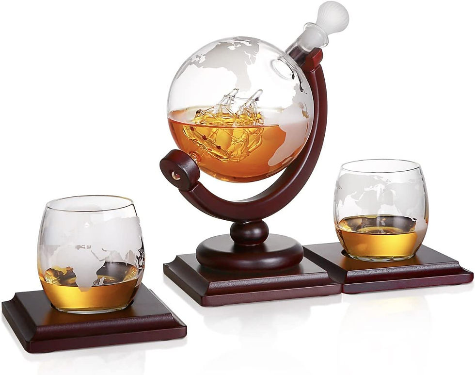 Whiskey Decanter Set with 2 Etched Whiskey Glasses and 2 wood coasters, Globe D