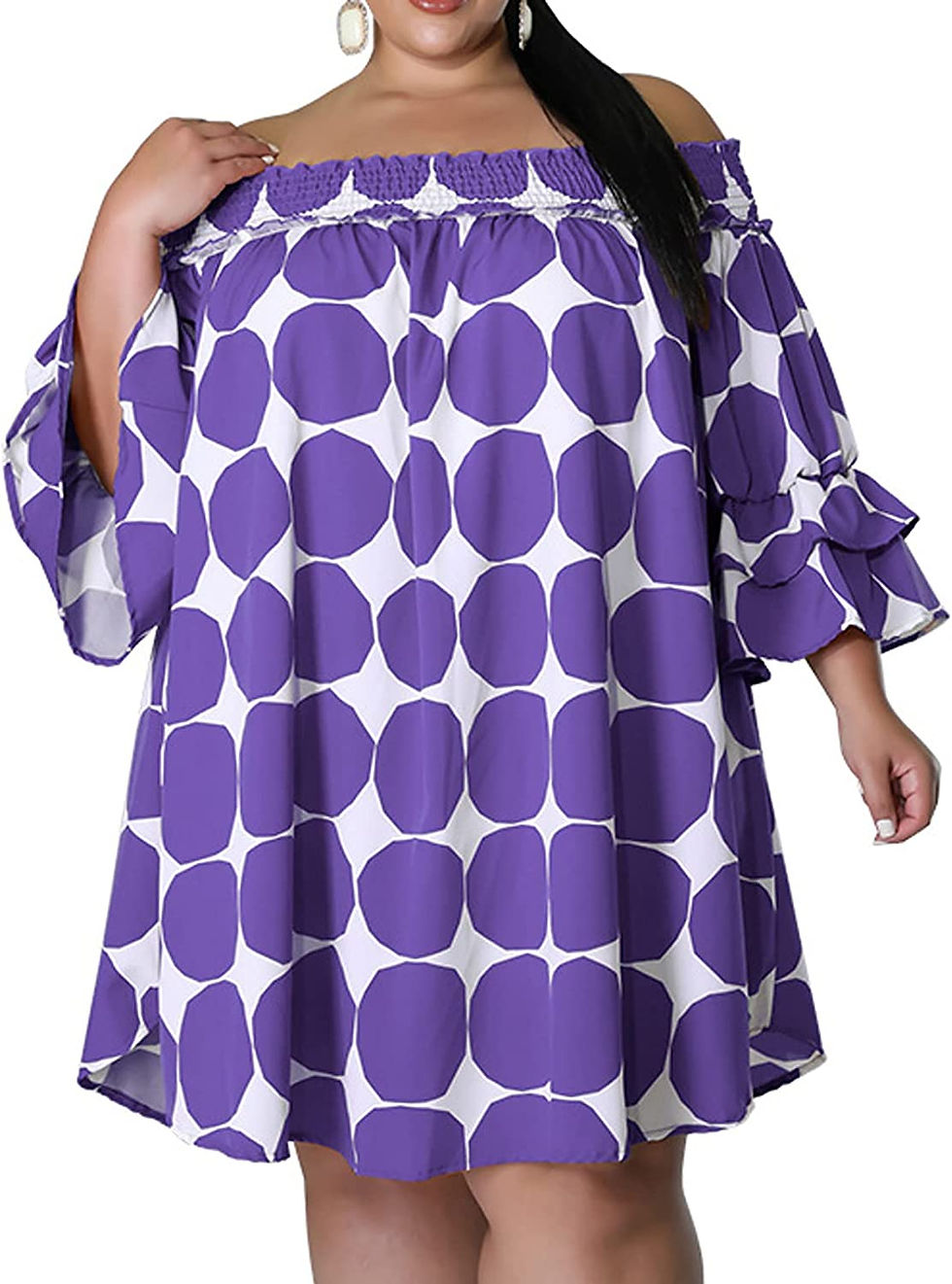 Thumbnail: EDITCOZY Women Plus Size Off Shoulder Casual Dress Polka Dot Printed Trumpet Sl