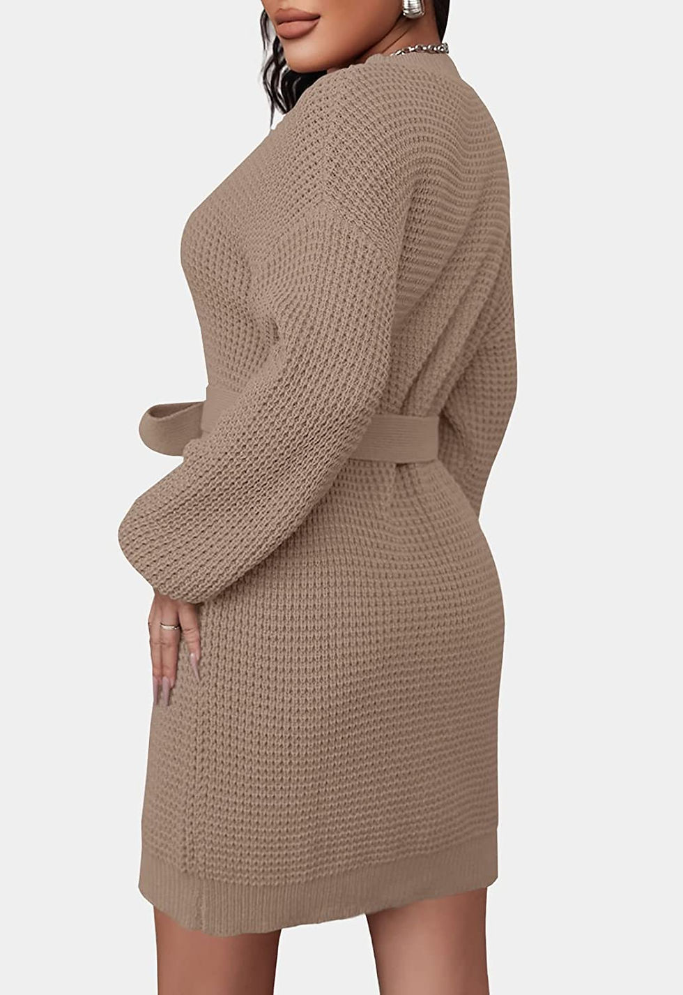 Thumbnail: ZESICA Women's Long Sleeve Solid Color Waffle Knitted Tie Waist Tunic Pullover 