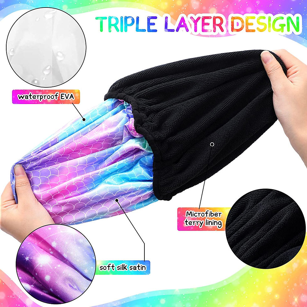 Thumbnail: 3 Pcs Kids Terry Lined Shower Cap with Dry Hair Function, Triple Layer Shower C