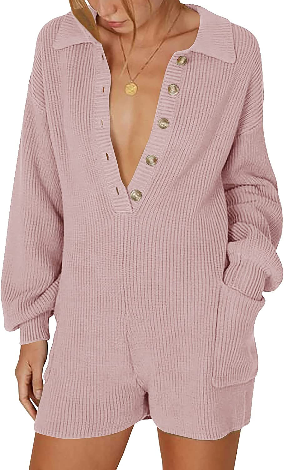 Thumbnail: Tymidy Women's Jumpsuit Long Sleeve Knit Sweater Rompers Sexy Deep V Neck Butto