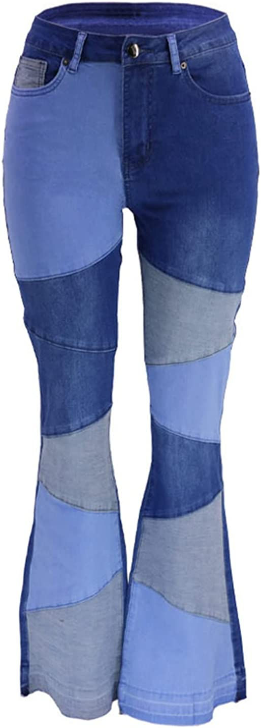 Thumbnail: PAODIKUAI Women Patchwork Jeans Bell Bottom Raw Hem Denim Pants Slim Bootcut Je