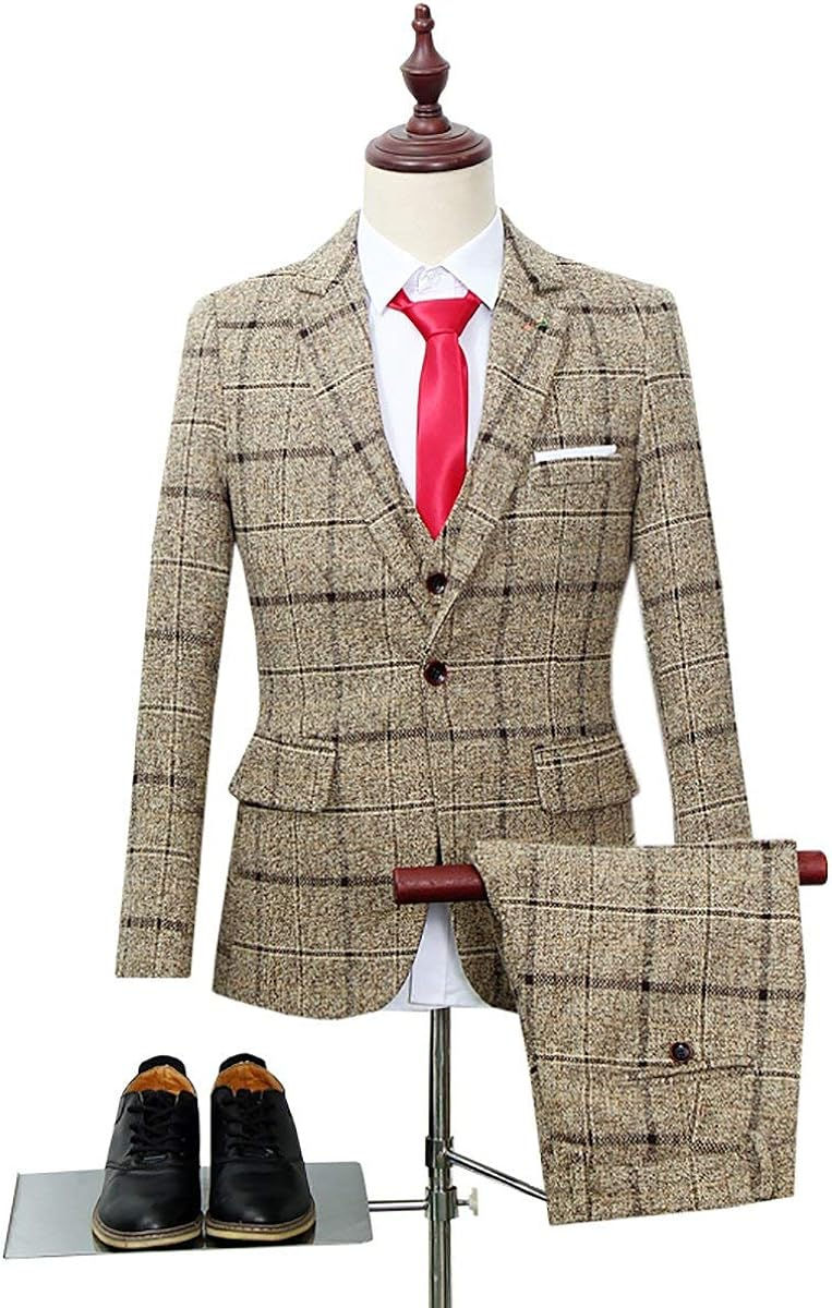 Thumbnail: Cloudstyle Men's 3-Piece Dress Suit Plaid 1 Button Slim Fit Single-Breasted Wed