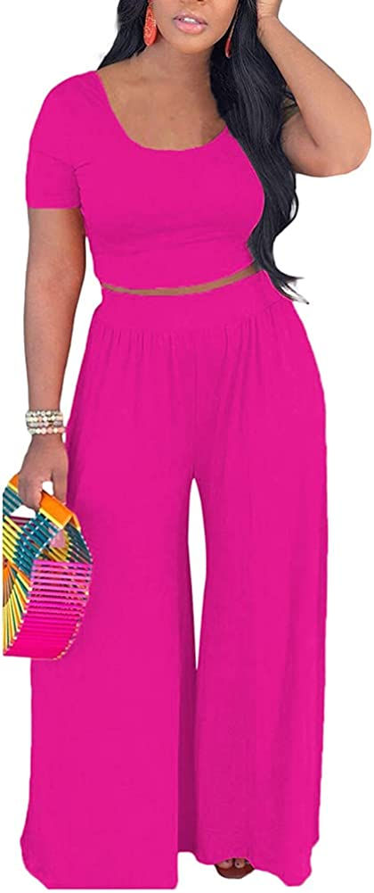 Thumbnail: 2 Piece Outfits for Women Sexy Backless Short Sleeve Crop Top High Waist Wide L