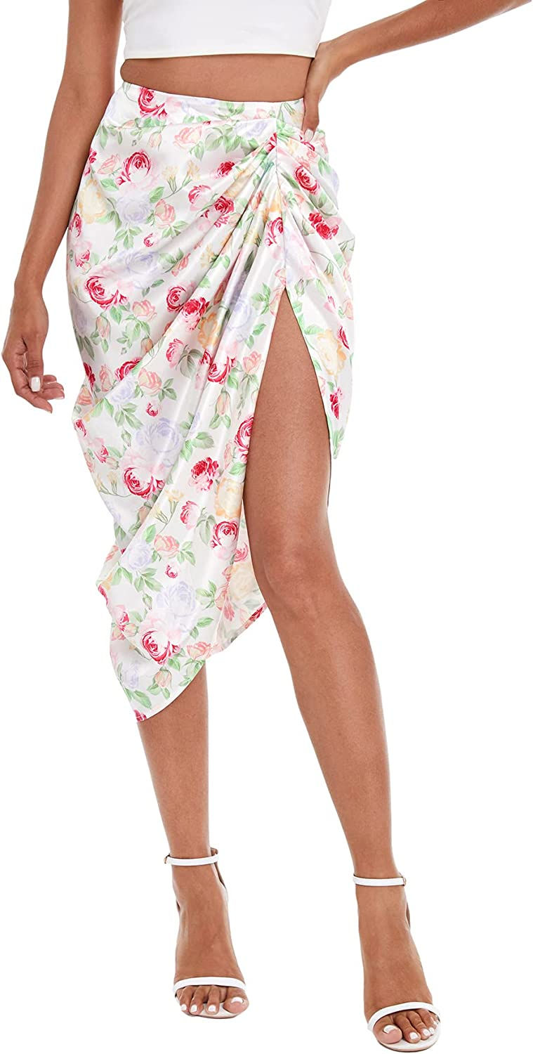 Thumbnail: Floerns Women's Boho Floral Print Split Thigh Satin Ruched Midi Skirt
