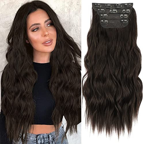 Thumbnail: KooKaStyle Clip in Long Wavy Synthetic Hair Extension 20 Inch 4PCS Balayage Dar